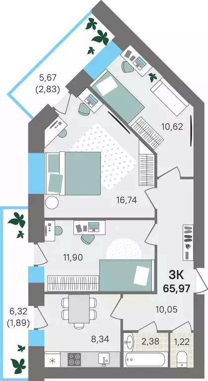 3-комнатная квартира: Култаево, Снежная улица, 15 (65.97 м) - Фото 1