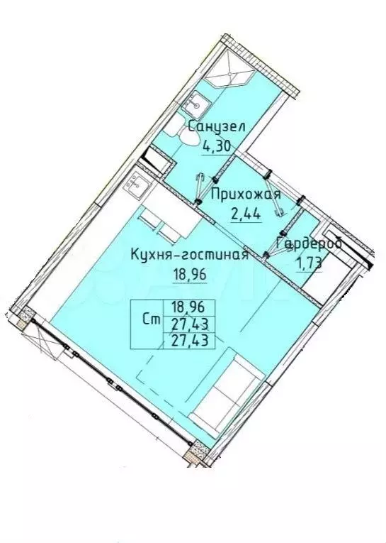 Квартира-студия, 27,4 м, 2/13 эт. - Фото 0
