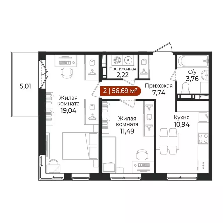 2-комнатная квартира: Всеволожский район, посёлок Щеглово (56.69 м) - Фото 1