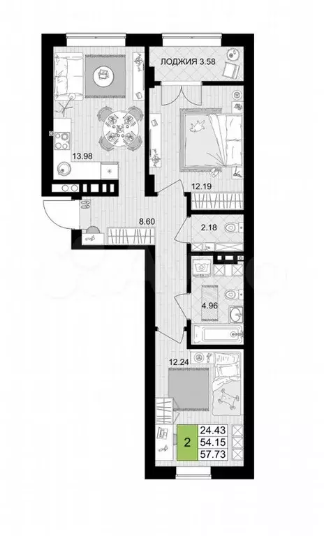 2-к. квартира, 57,7 м, 3/7 эт. - Фото 1