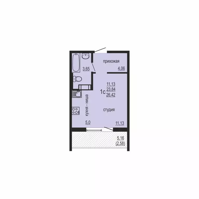 Квартира-студия: посёлок Западный, улица Дружбы, 6 (26.42 м) - Фото 1