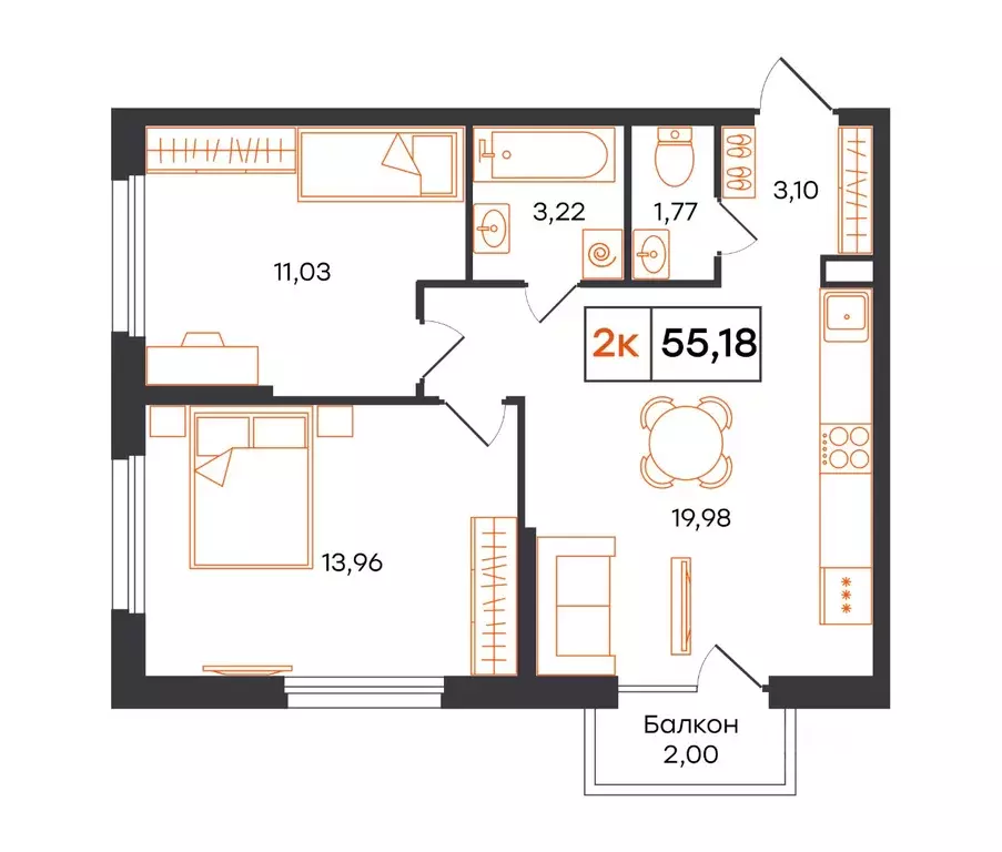 2-к кв. Тюменская область, Тюмень Полевая ул., 117к13 (55.18 м) - Фото 1