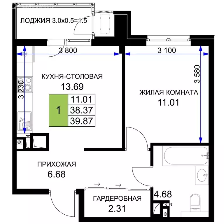 1-комнатная квартира: Краснодар (39.87 м) - Фото 0