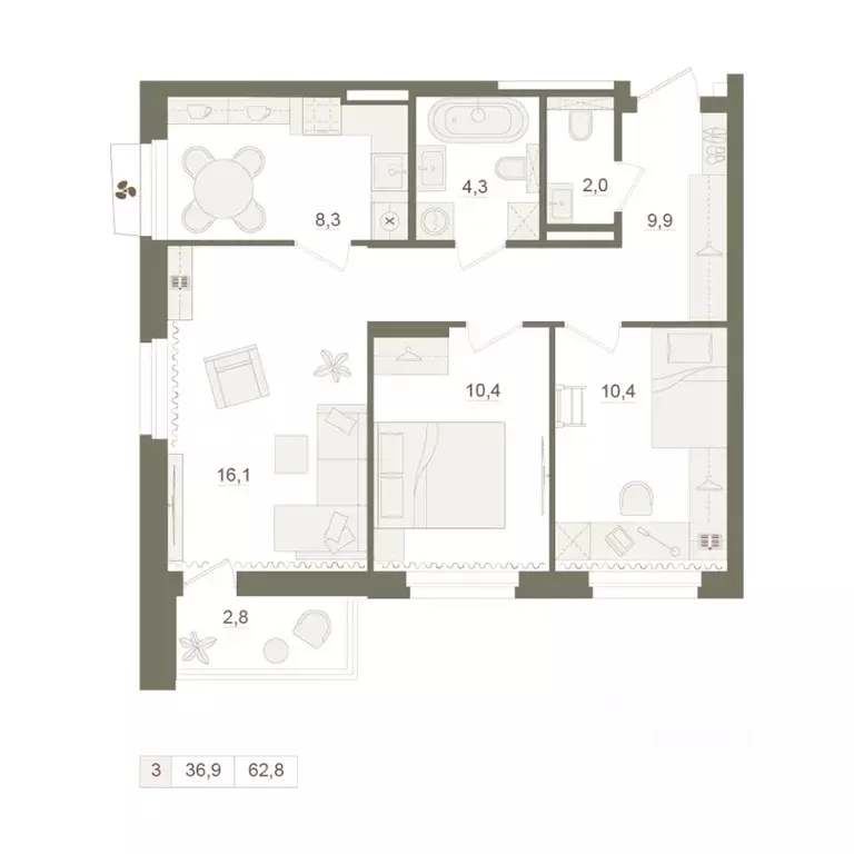 3-к кв. Башкортостан, Уфа Родина Парк жилой комплекс (62.8 м) - Фото 0