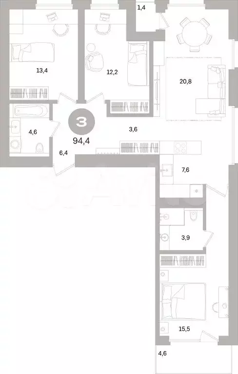3-к. квартира, 93,5 м, 6/16 эт. - Фото 0