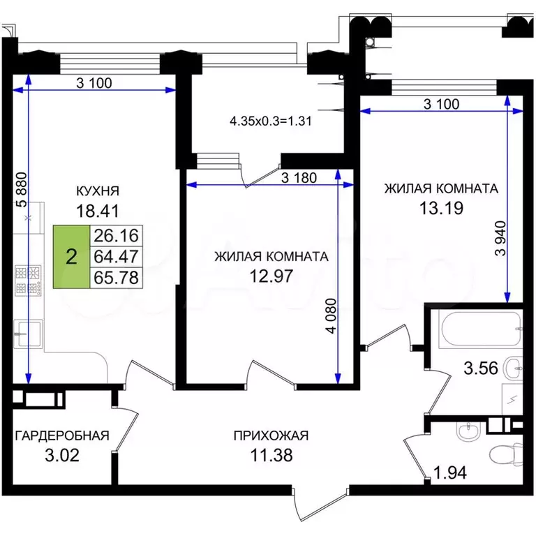 2-к. квартира, 65,8 м, 5/8 эт. - Фото 1