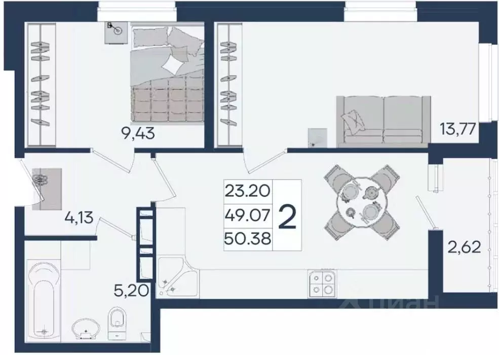 2-к кв. Краснодарский край, Краснодар  (50.38 м) - Фото 1