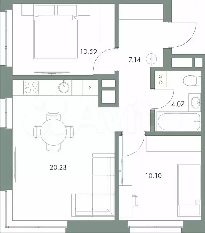 2-к. квартира, 52,1 м, 2/9 эт. - Фото 0