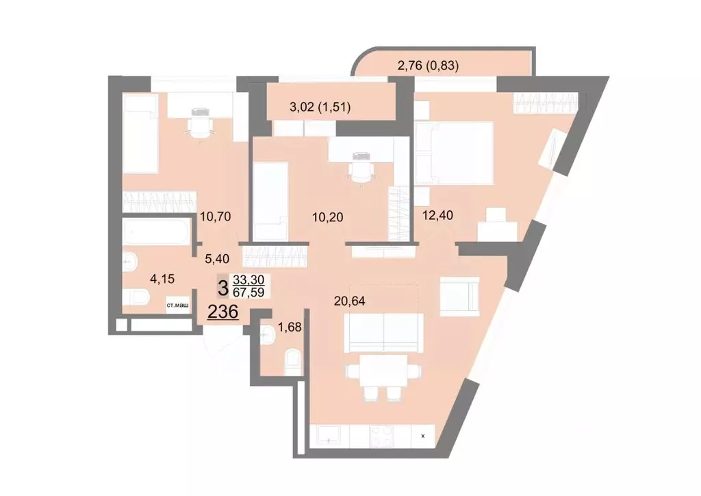 3-к кв. Свердловская область, Екатеринбург Широкая Речка мкр,  (67.59 ... - Фото 0