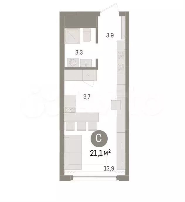 Квартира-студия, 21,1 м, 2/17 эт. - Фото 0