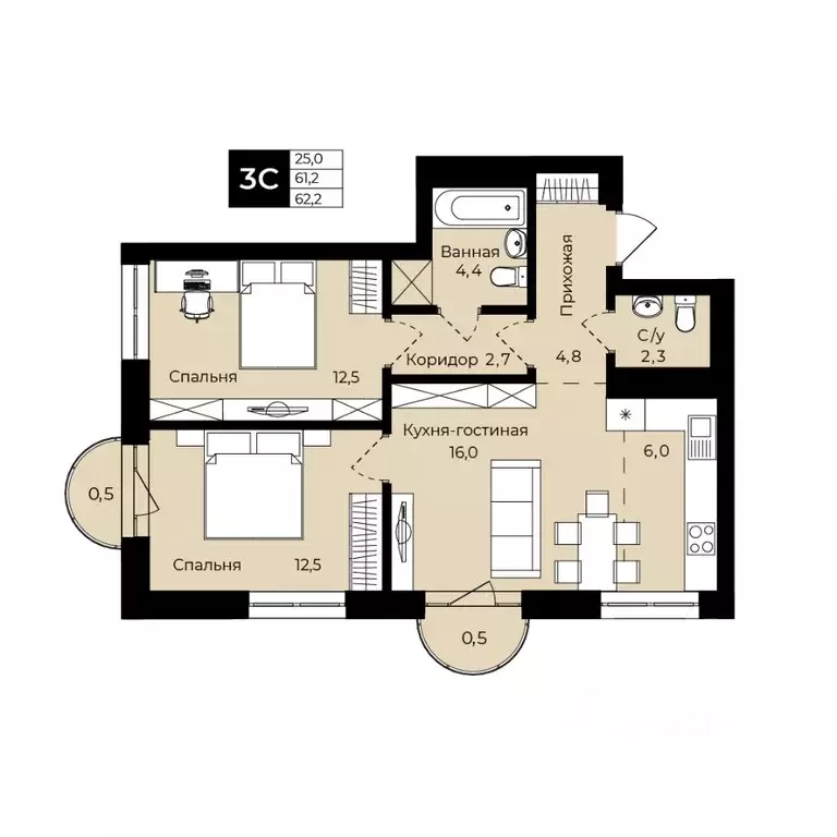 2-к кв. Башкортостан, Уфа ул. Ленина, 192 (62.2 м) - Фото 1