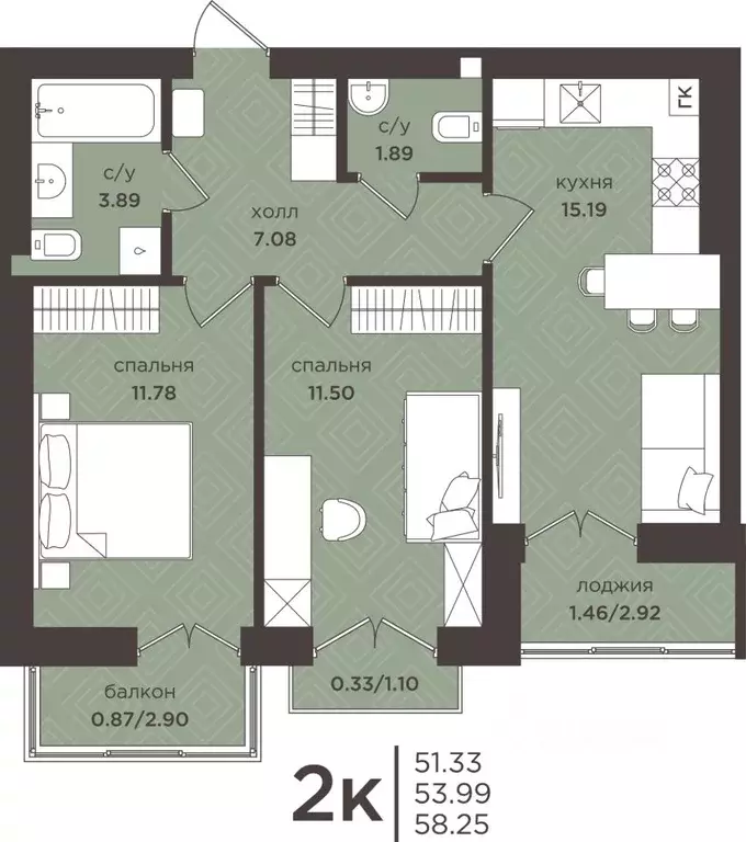 2-к кв. Калининградская область, Гурьевск  (53.99 м) - Фото 1