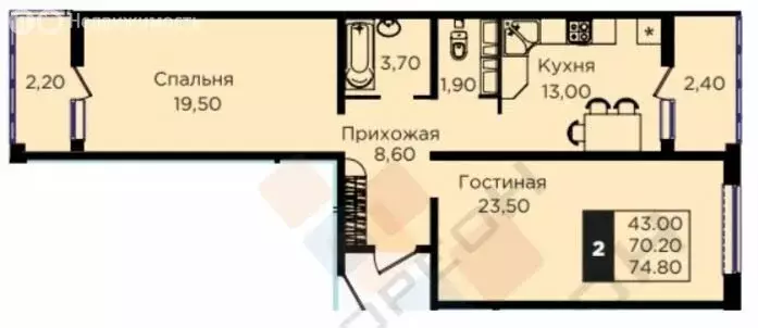 2-комнатная квартира: Краснодар, улица имени В.Н. Мачуги, 166Ак2 (70.4 ... - Фото 0