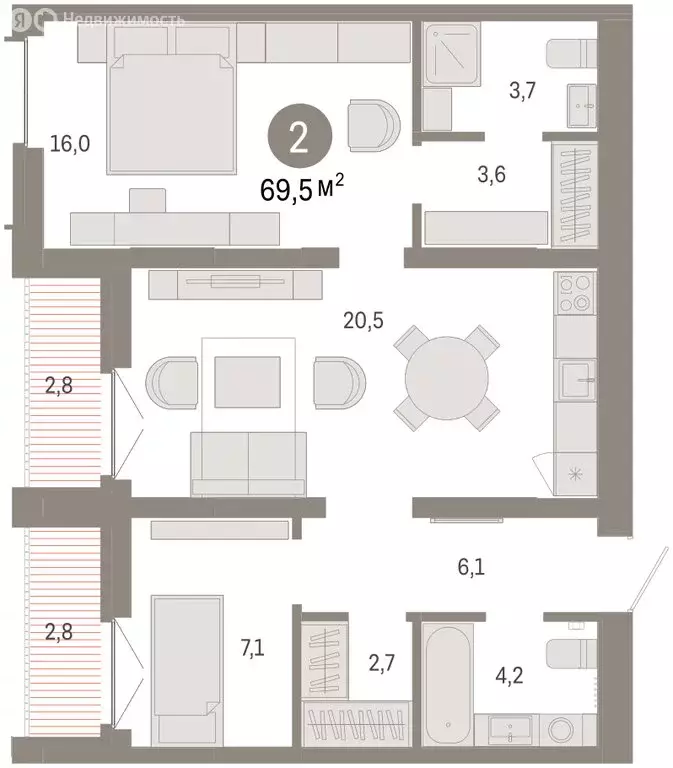 3-комнатная квартира: Тюмень, улица Республики, 205к2 (69.4 м) - Фото 2