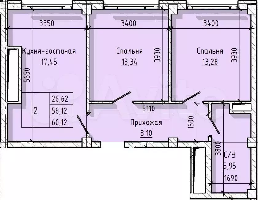 2-к. квартира, 60,1 м, 10/16 эт. - Фото 0