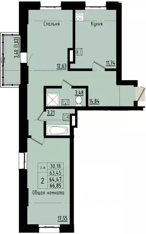 2-к кв. Саха (Якутия), Покровск ул. Орджоникидзе, 68 (64.47 м) - Фото 1