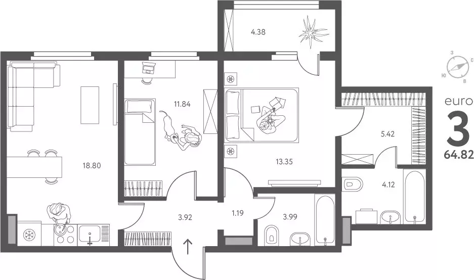 2-комнатная квартира: Липецк, улица Перова, 2Г (64.82 м) - Фото 1
