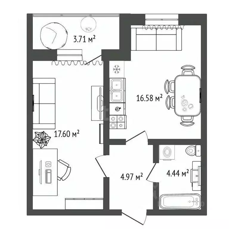 1-к кв. Тюменская область, Тюмень ул. Тимофея Кармацкого, 5 (44.1 м) - Фото 1