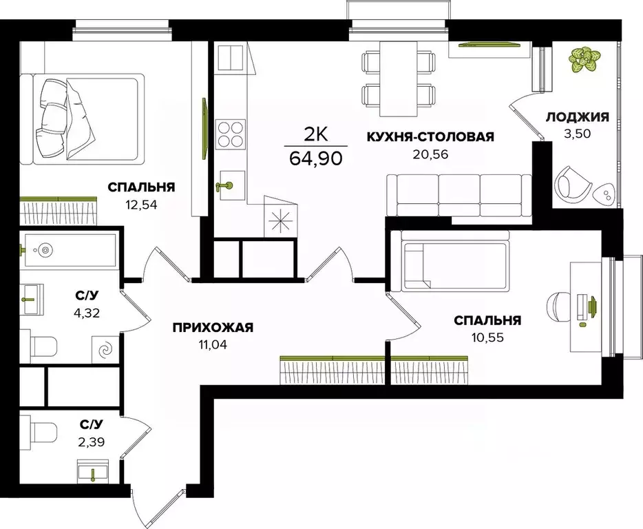 2-к кв. Тульская область, Тула  (64.9 м) - Фото 0