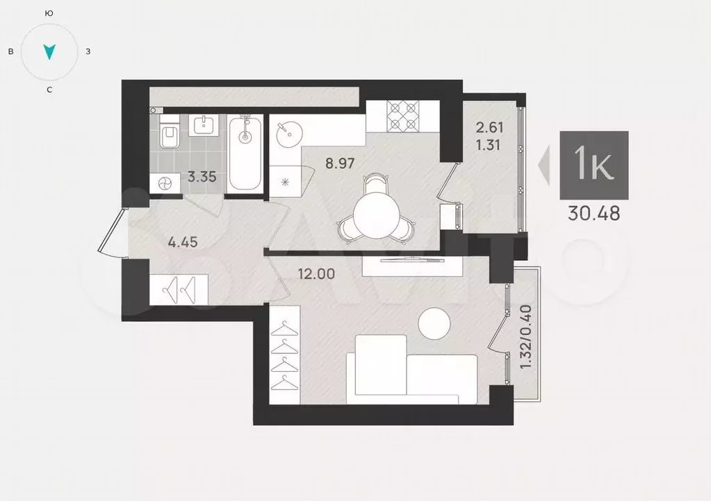 1-к. квартира, 30,5 м, 9/9 эт. - Фото 1