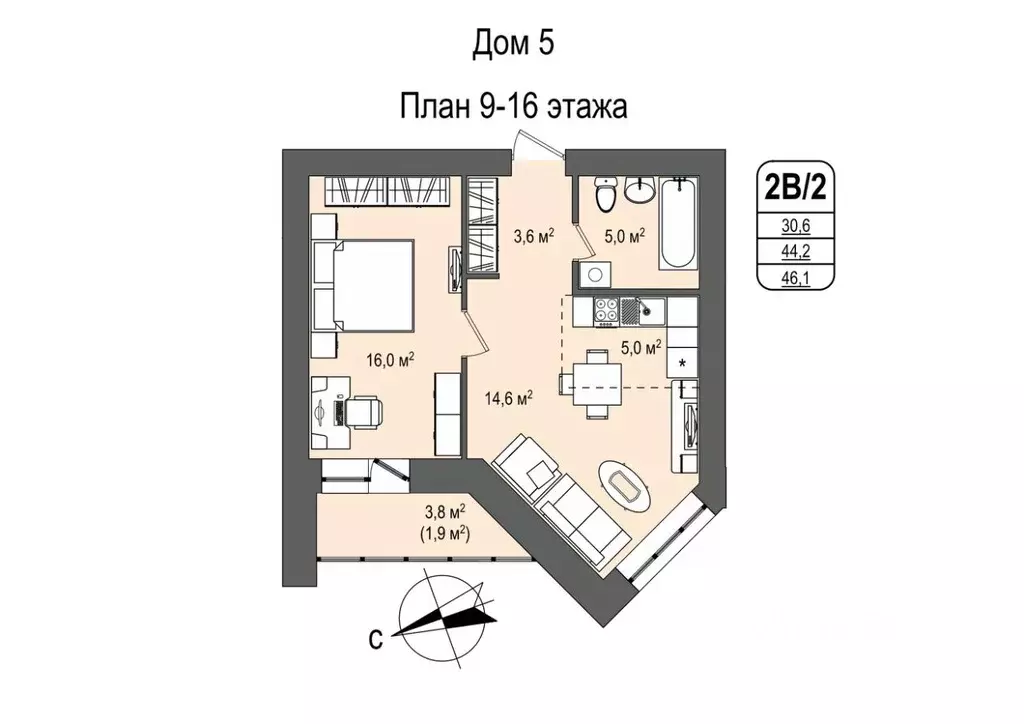 2-к кв. Кемеровская область, Кемерово 55-й мкр, 5 (46.1 м) - Фото 0