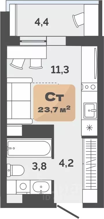 Студия Тюменская область, Тюмень ул. Республики, 204к19 (21.5 м) - Фото 0