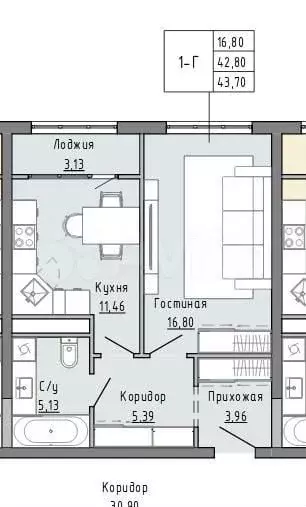1-к. квартира, 43,7 м, 4/20 эт. - Фото 0