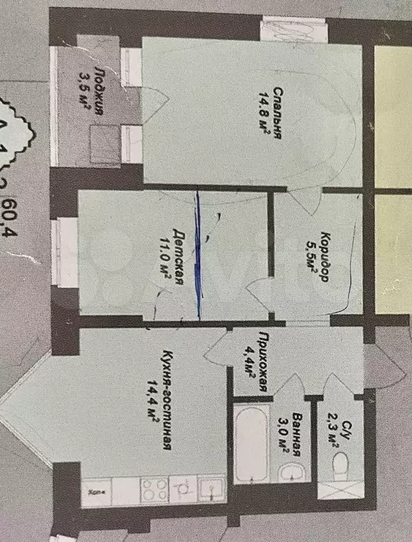 2-к. квартира, 60 м, 8/12 эт. - Фото 0