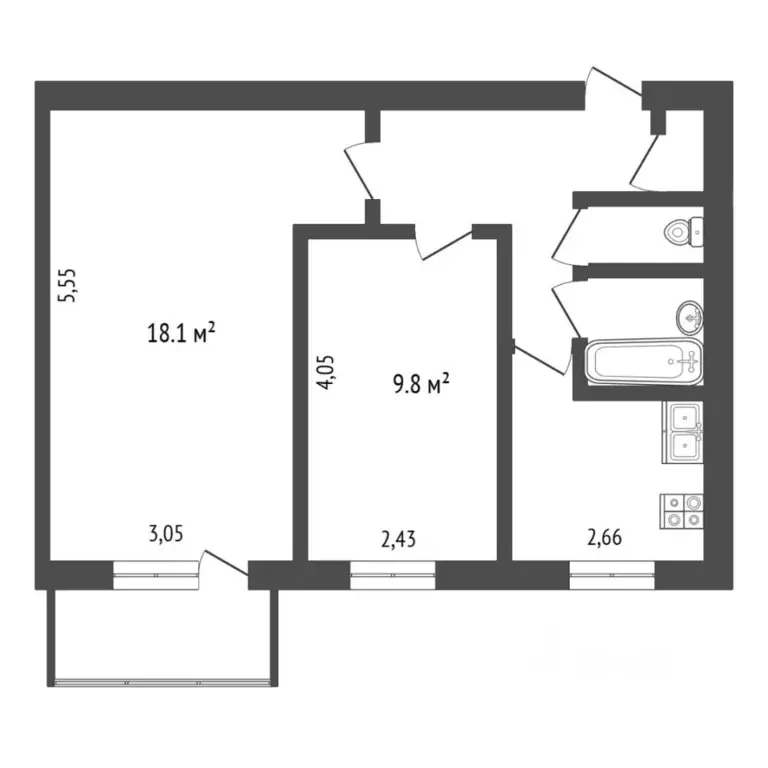 2-к кв. Тюменская область, Тюмень ул. Республики, 196 (44.0 м) - Фото 2