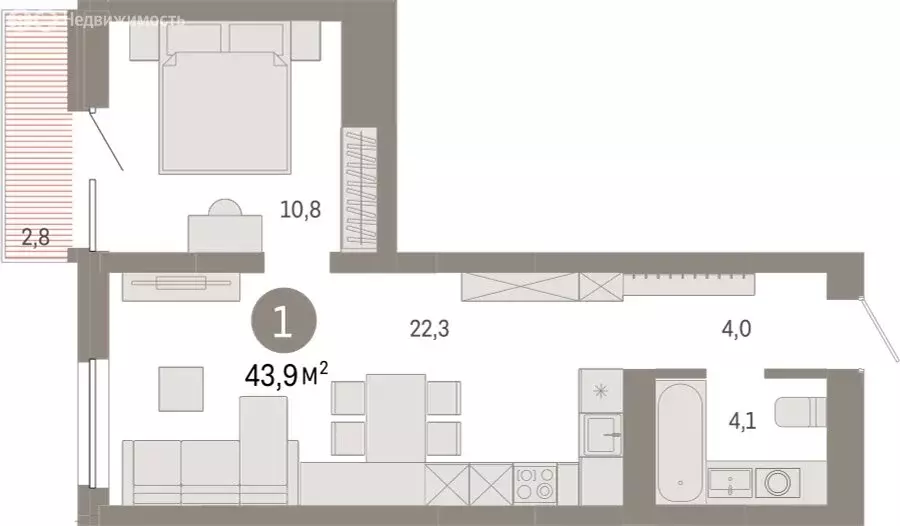 1-комнатная квартира: Екатеринбург, улица Войкова, 15 (43.92 м) - Фото 1