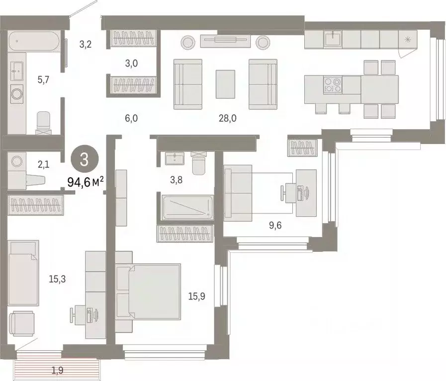 3-к кв. Тюменская область, Тюмень ул. Павла Фитина, 7 (94.6 м) - Фото 2
