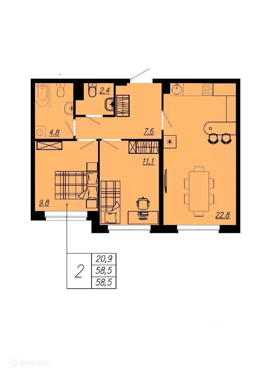 Продаётся 2-к квартира, 57.4 м - Фото 0