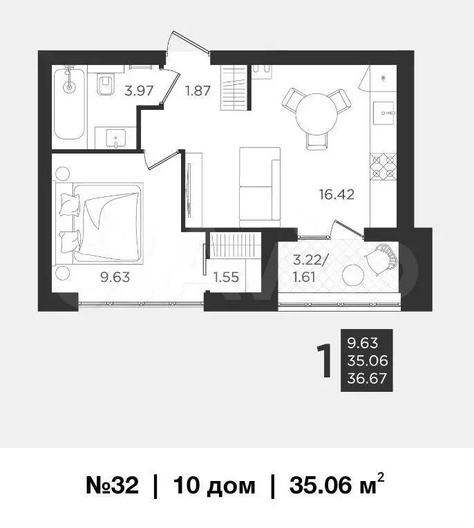 1-к. квартира, 35,1м, 4/4эт. - Фото 1