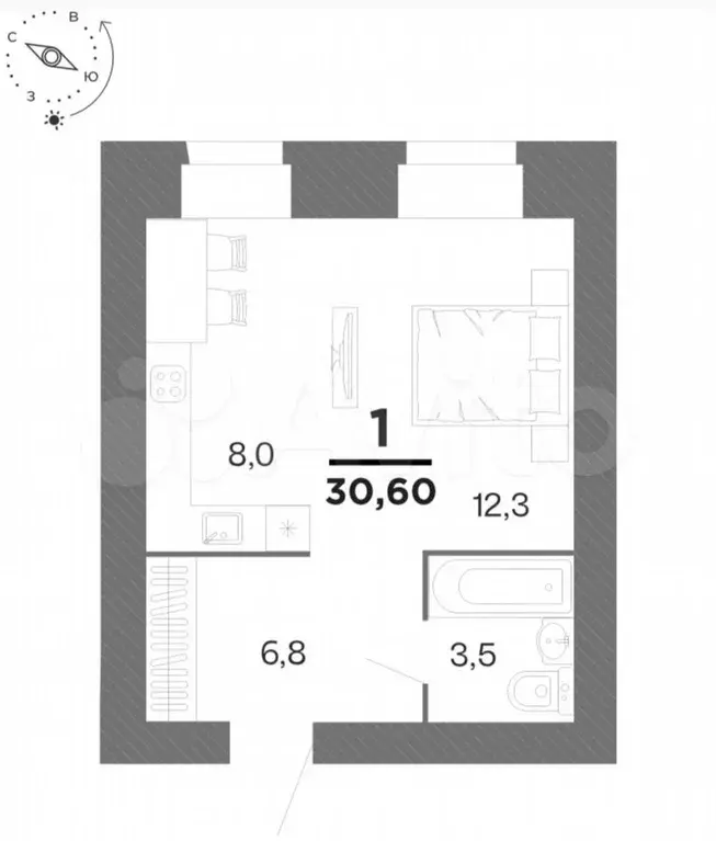 Квартира-студия, 30,6 м, 3/16 эт. - Фото 1