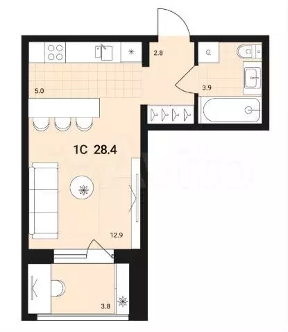 Квартира-студия, 28,4 м, 13/15 эт. - Фото 0