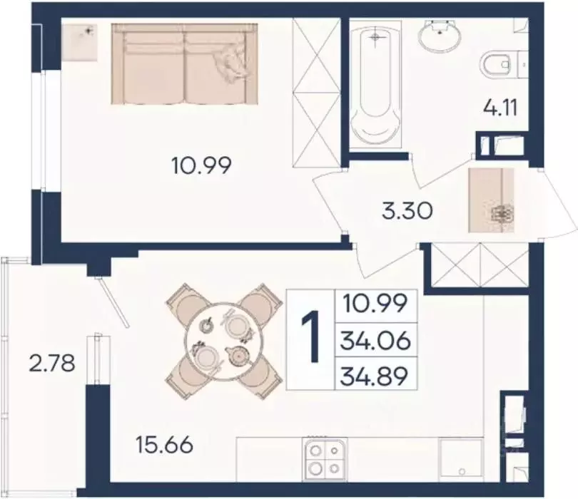 1-к кв. Краснодарский край, Краснодар  (34.89 м) - Фото 1