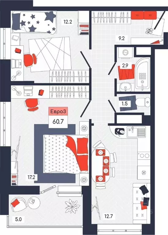 3-к кв. Тульская область, Тула ул. Академика Насоновой, 9 (60.7 м) - Фото 1