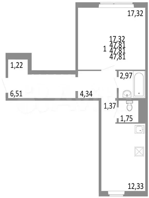 1-к. квартира, 47,8 м, 1/10 эт. - Фото 0