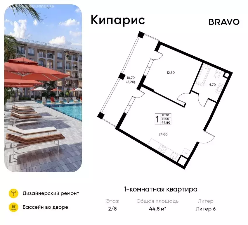 1-комнатная квартира: село Сукко, жилой комплекс Кипарис (44.8 м) - Фото 0