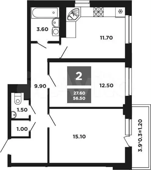 2-к. квартира, 56,5 м, 9/9 эт. - Фото 1
