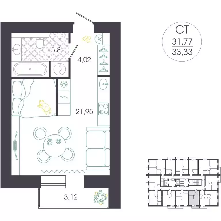 Студия Пензенская область, Пенза Колышлейская ул., 7 (33.95 м) - Фото 2
