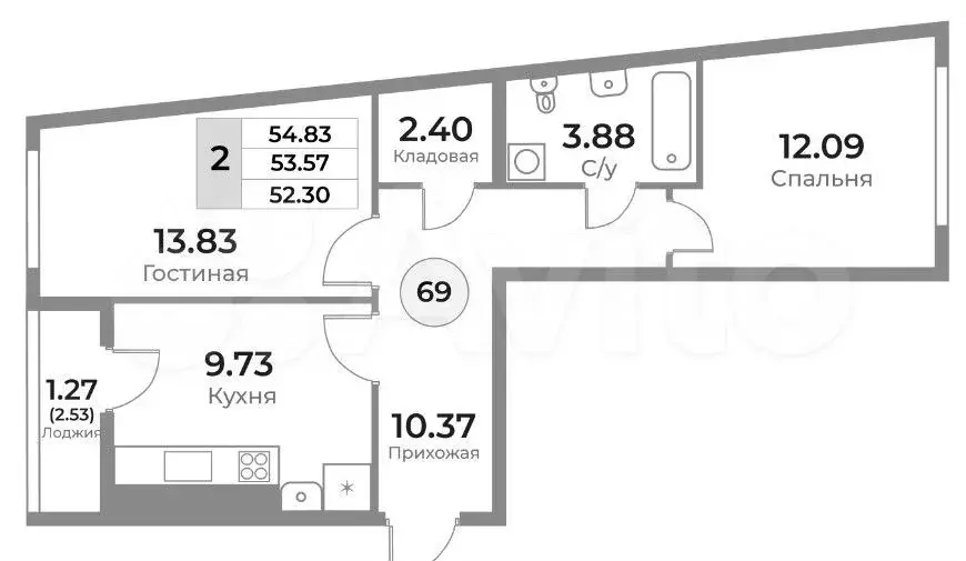 2-к. квартира, 53,6 м, 8/10 эт. - Фото 1
