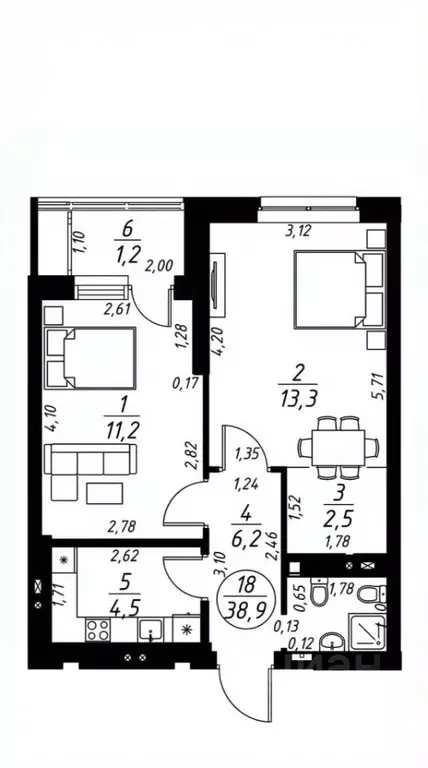 2-к кв. Башкортостан, Уфа ул. Уфимское Шоссе, 24 (38.9 м) - Фото 2