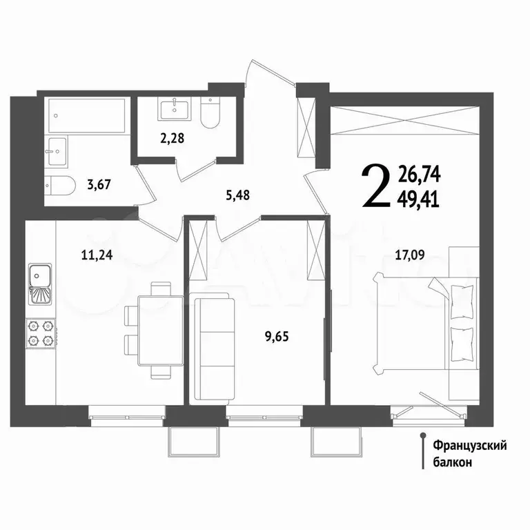 2-к. квартира, 49,6 м, 16/25 эт. - Фото 1