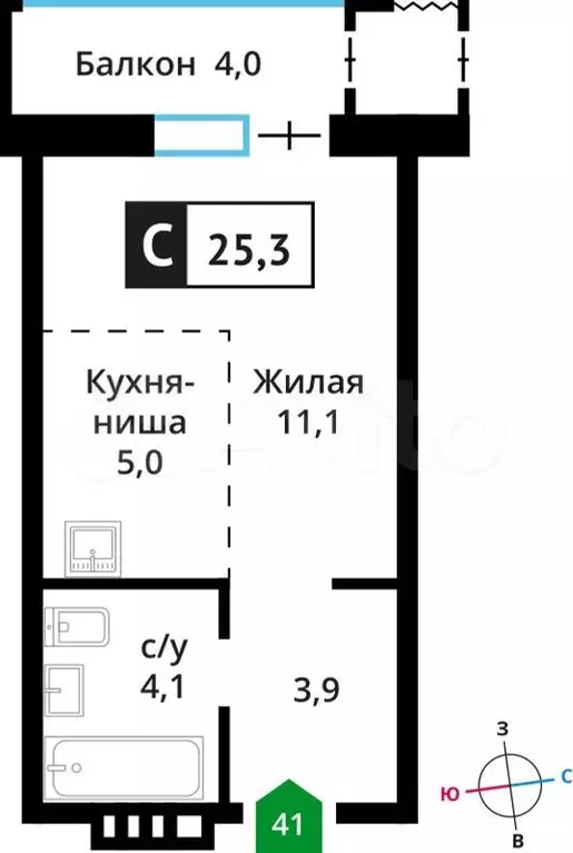 Квартира-студия, 25,3 м, 4/6 эт. - Фото 0