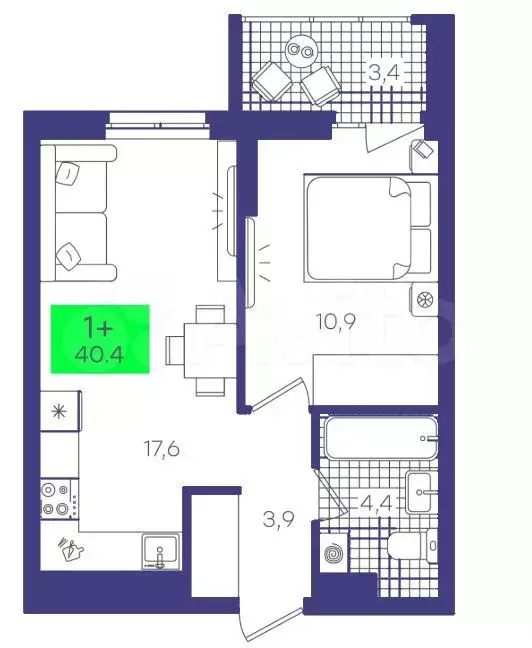 1-к. квартира, 40,4 м, 20/21 эт. - Фото 1