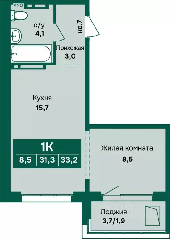 1-к кв. Алтайский край, Барнаул Камчатка жилой комплекс (33.2 м) - Фото 1