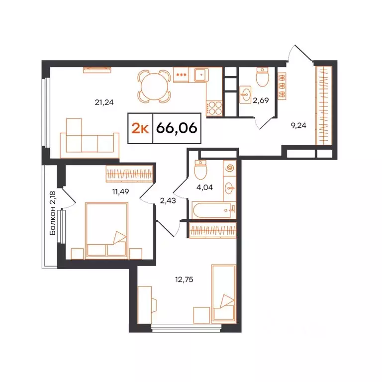 2-к кв. Тюменская область, Тюмень ул. Бориса Прудаева, 7 (66.06 м) - Фото 1