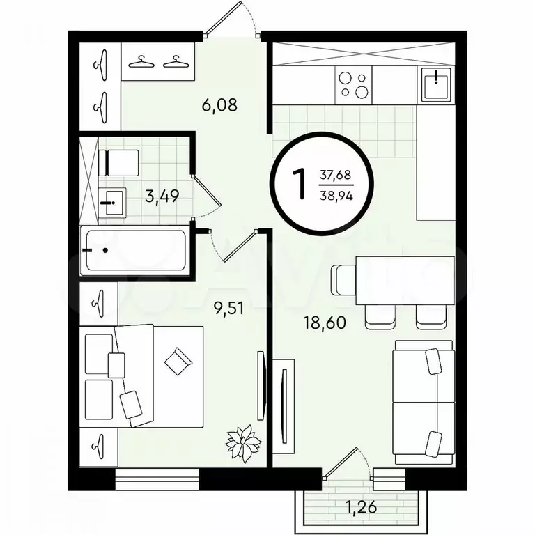 1-к. квартира, 38,9 м, 4/4 эт. - Фото 0