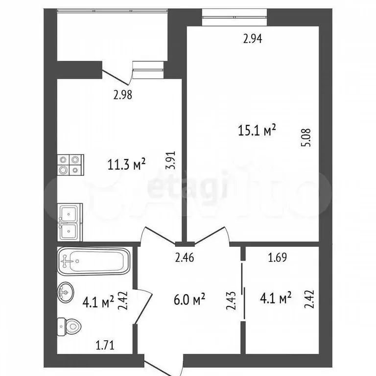 1-к. квартира, 41 м, 4/4 эт. - Фото 1